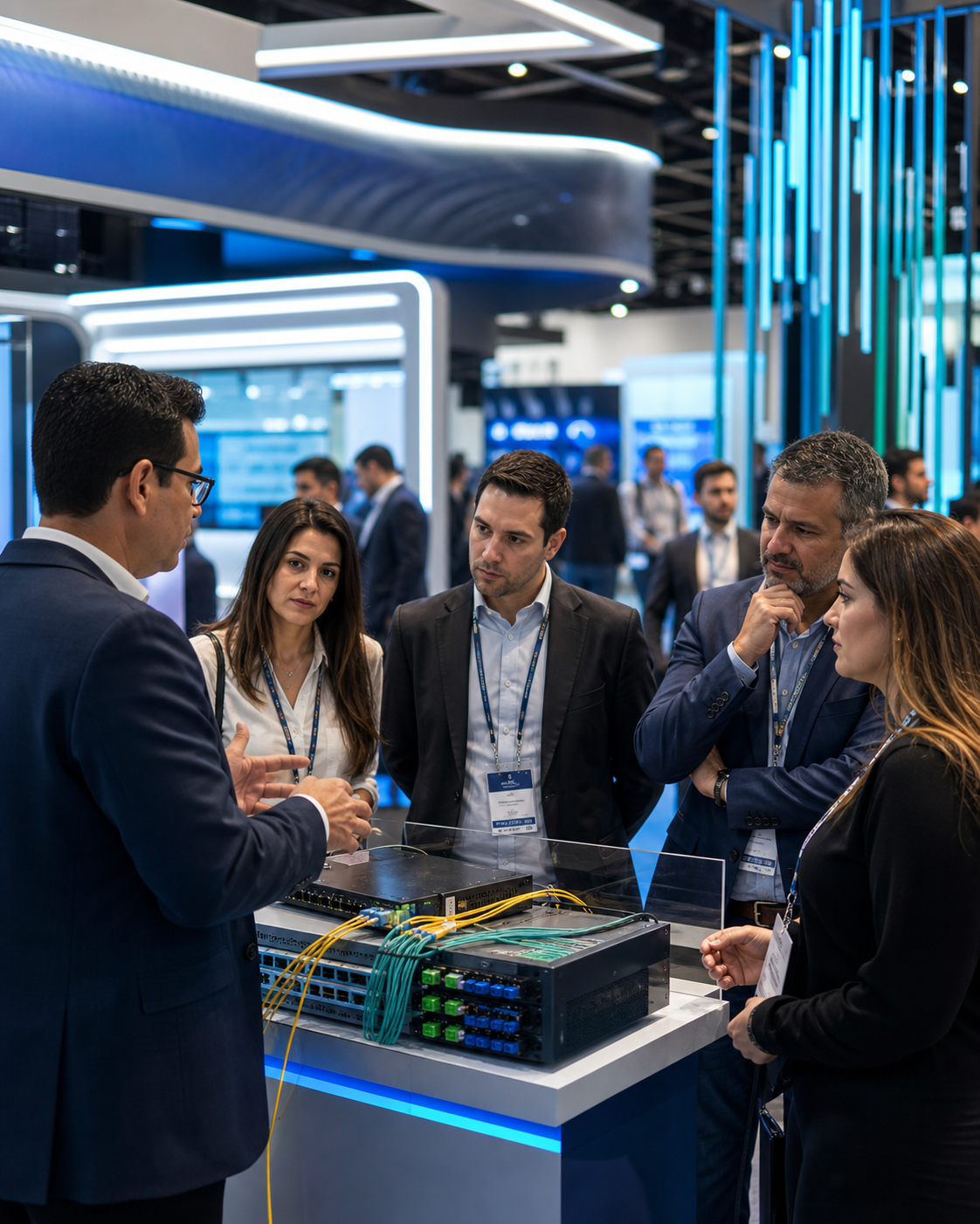 Executivos conhecendo soluções de infraestrutura para ISPs na área de exposição